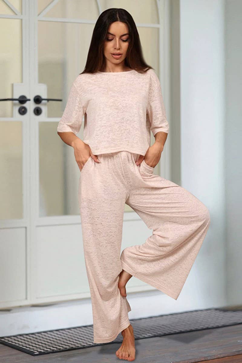 CWSPJ0205_SOLID COLOR KNITTED HOME PAJAMAS TWO-PIECE SET
