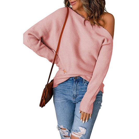 Bat-sleeved line-neck slant shoulder loose knit sweater