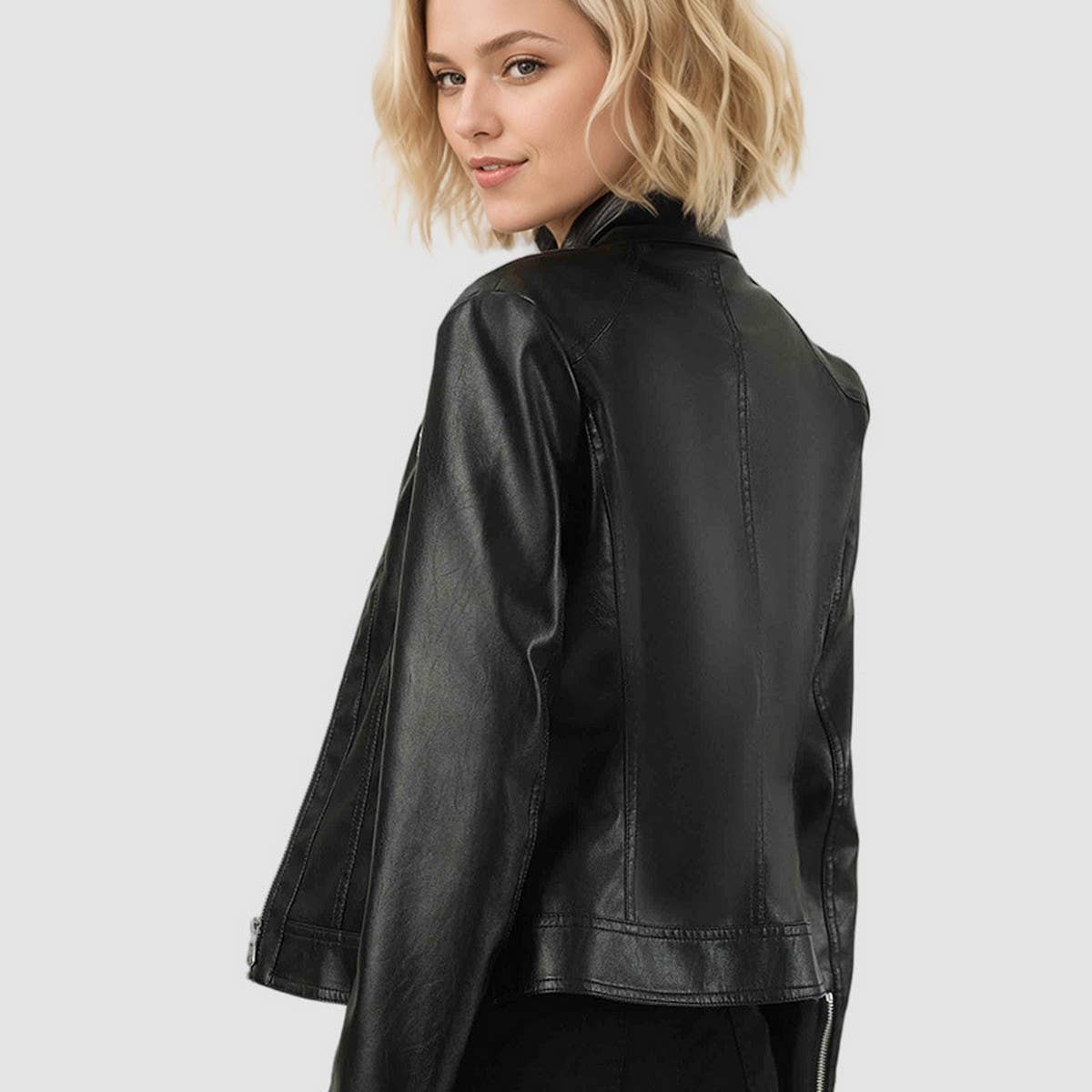 Women?™s Slim Biker Jacket ??Trendy PU Leather Coat_CWMM9015