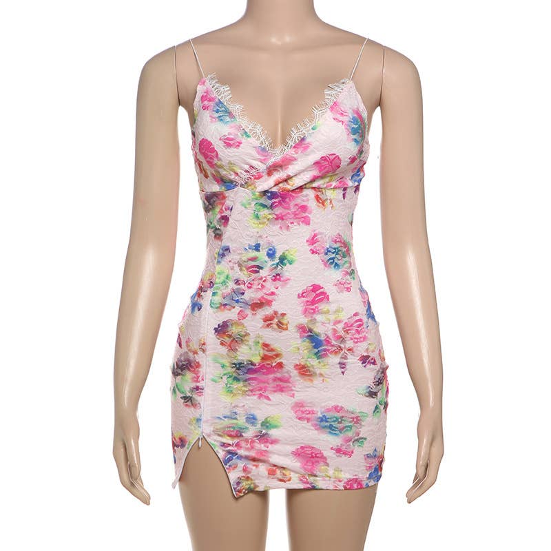 Fashion V-neck lace patchwork floral halter dress