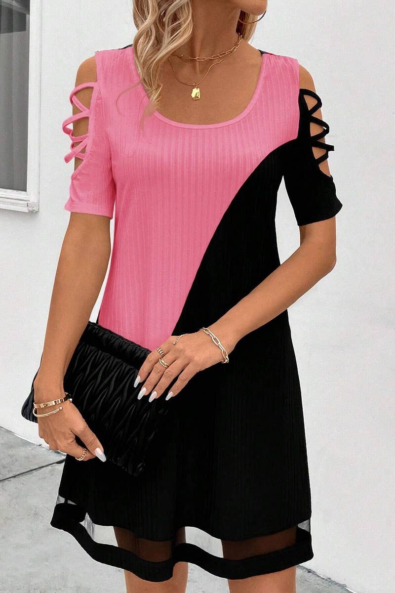 CWDSD7555_TEMPERAMENT COLOR MATCHING HOLLOW MESH DRESS