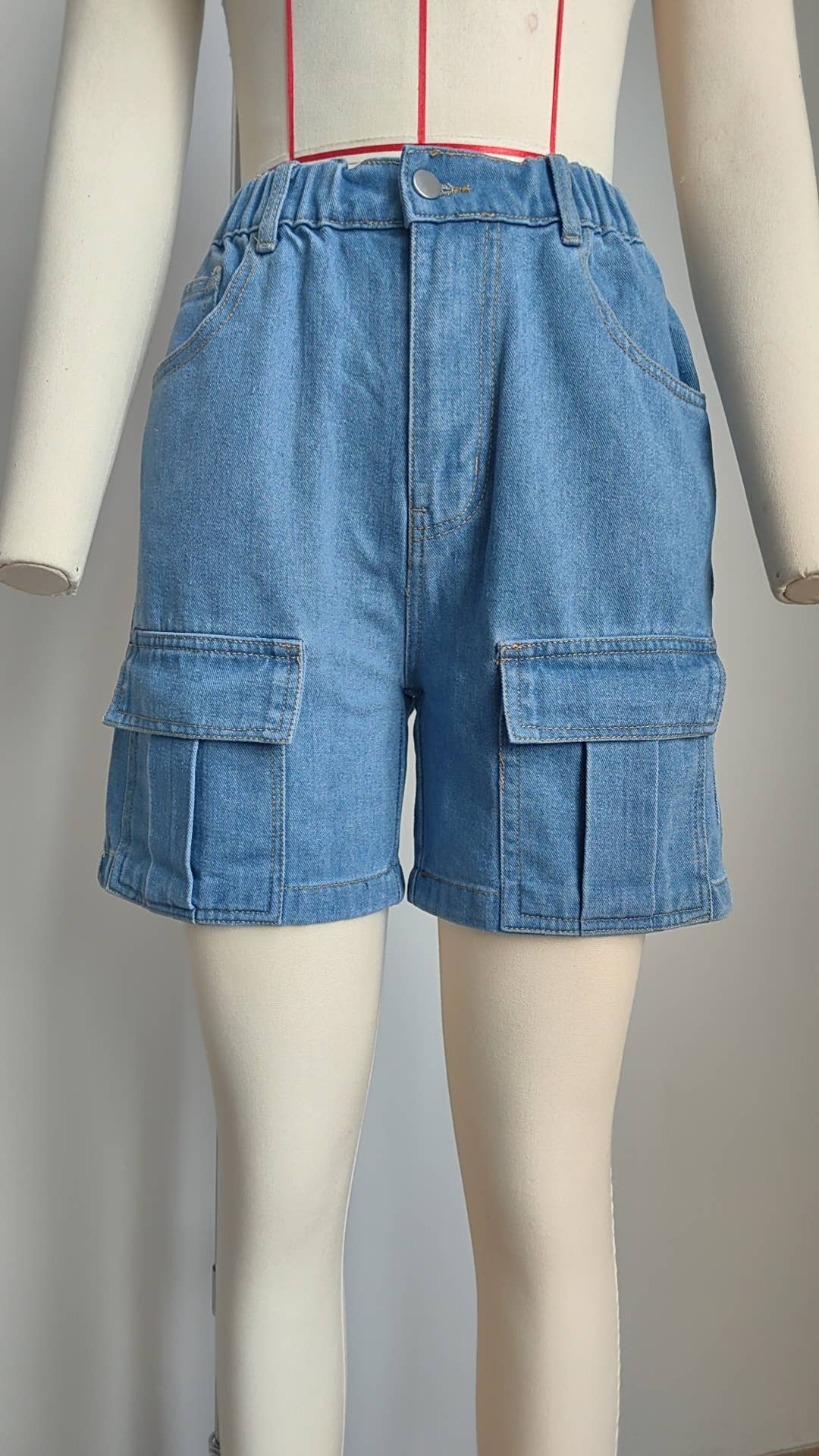ELASTIC WAIST CARGO CASUAL DENIM SHORTS
