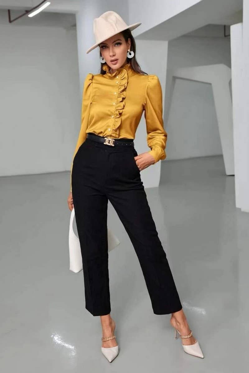 CWTBLS2041_SOLID COLOR RUFFLED LONG SLEEVE BLOUSE