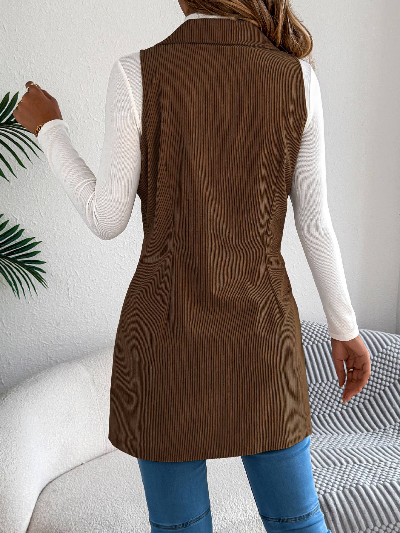 Double-breasted pocket corduroy long vest
