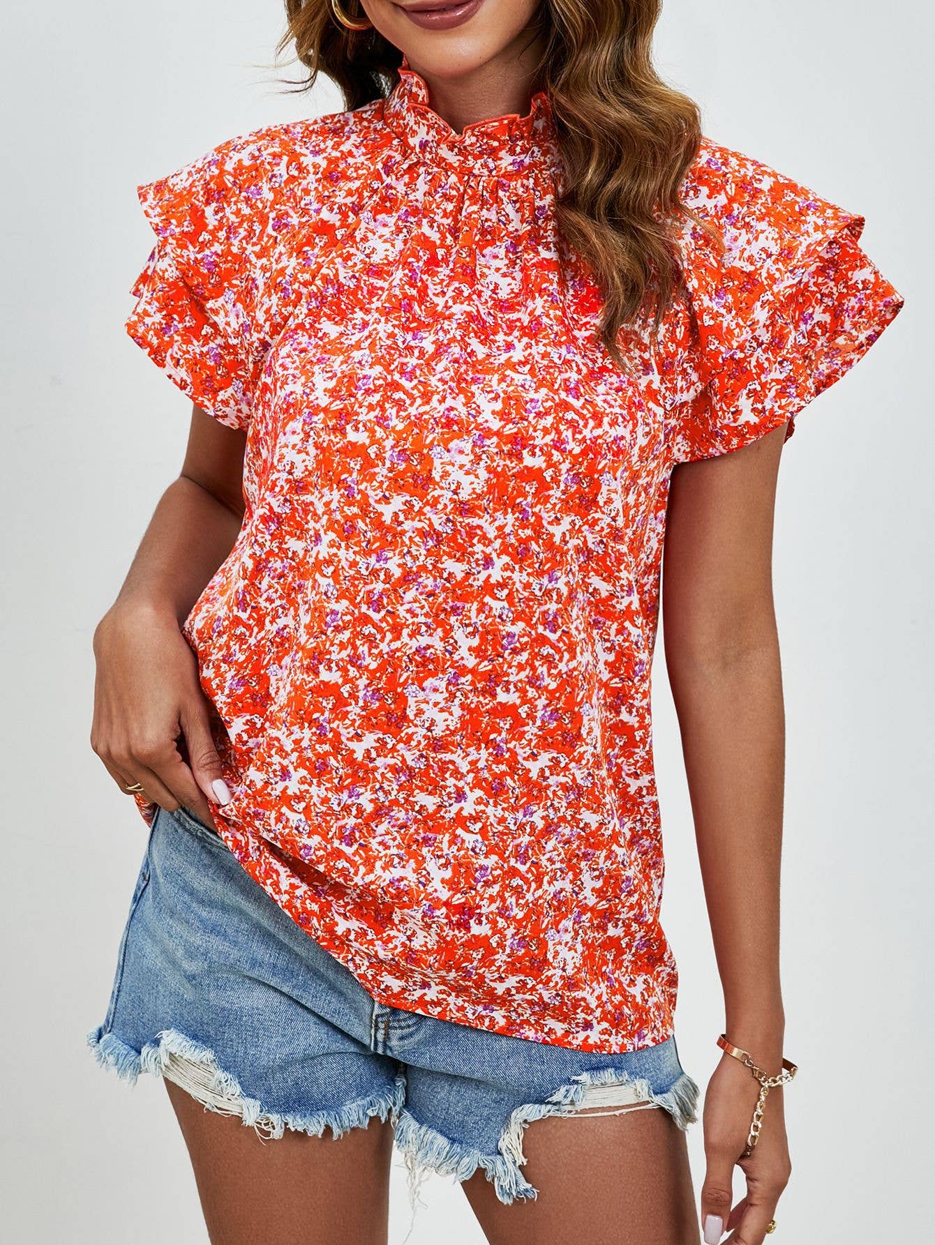 DOUBLE-SLEEVED LOOSE PRINTED SHORT-SLEEVED TOP