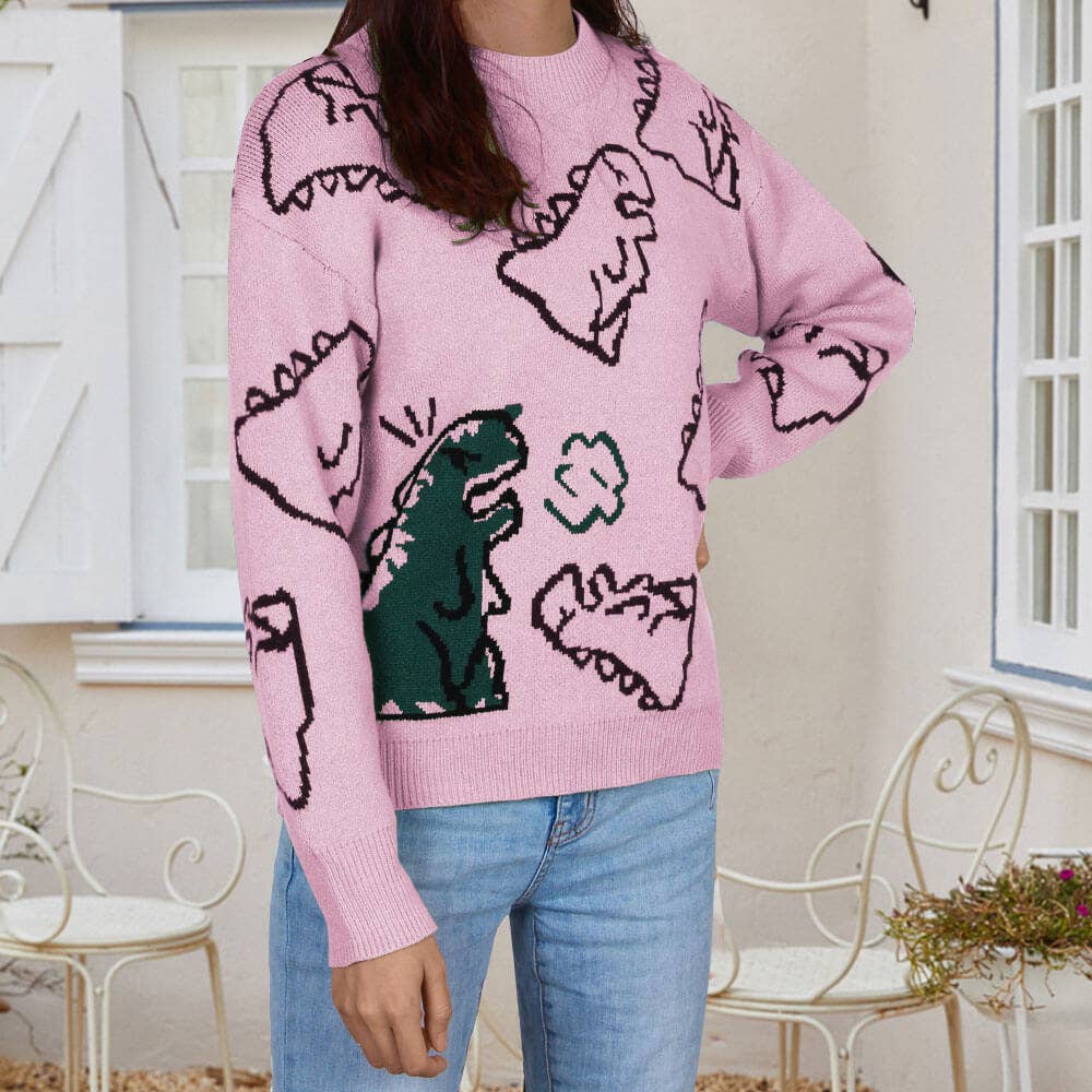 CREW-NECK LOOSE CARTOON DINOSAUR SWEATER