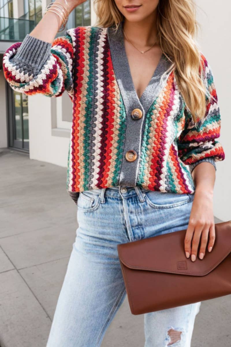 CWOCAL2212_CONTRASTING V-NECK STRIPED LONG-SLEEVED CARDIGAN