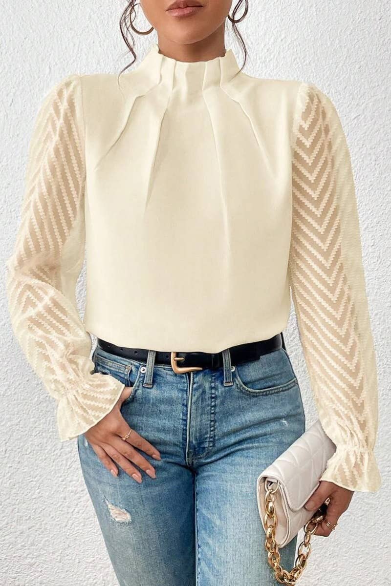 CWTBLL2546_FALL TURTLENECK MESH PATCHWORK LONG SLEEVE TOP