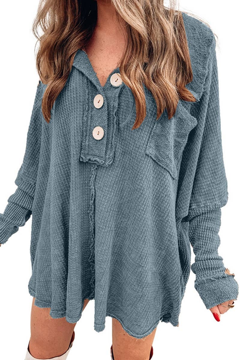 CWOSWL6707_WAFFLE BUTTON POCKET LONG SLEEVE BLOUSE