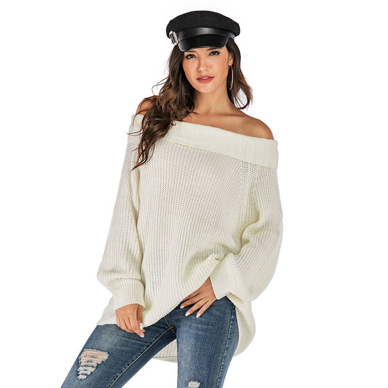 Bat-sleeved one-neck pullover knitted sweater