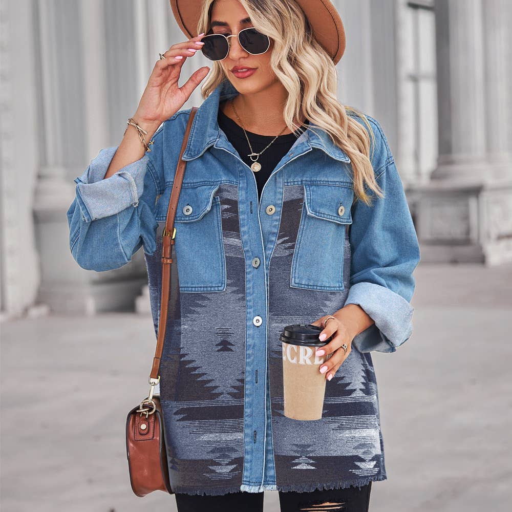 Denim patchwork lapel button-down woolen coat