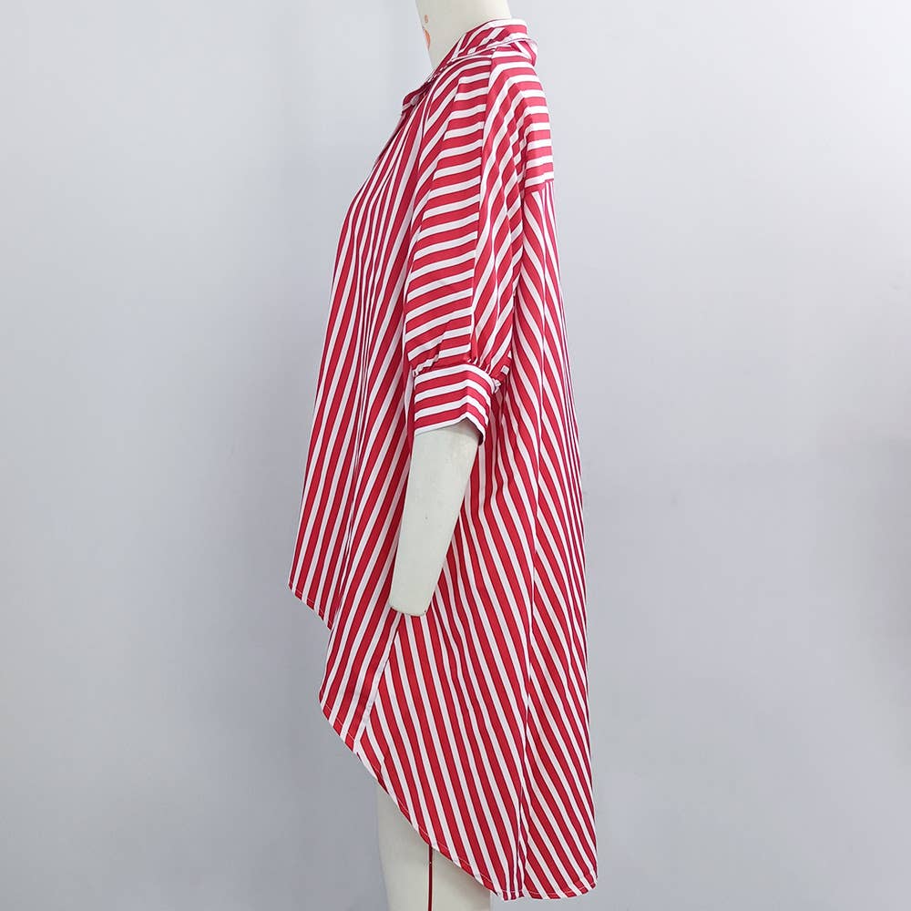 BAT-SLEEVED LOOSE DOVETAIL TREND STRIPED SHIRT
