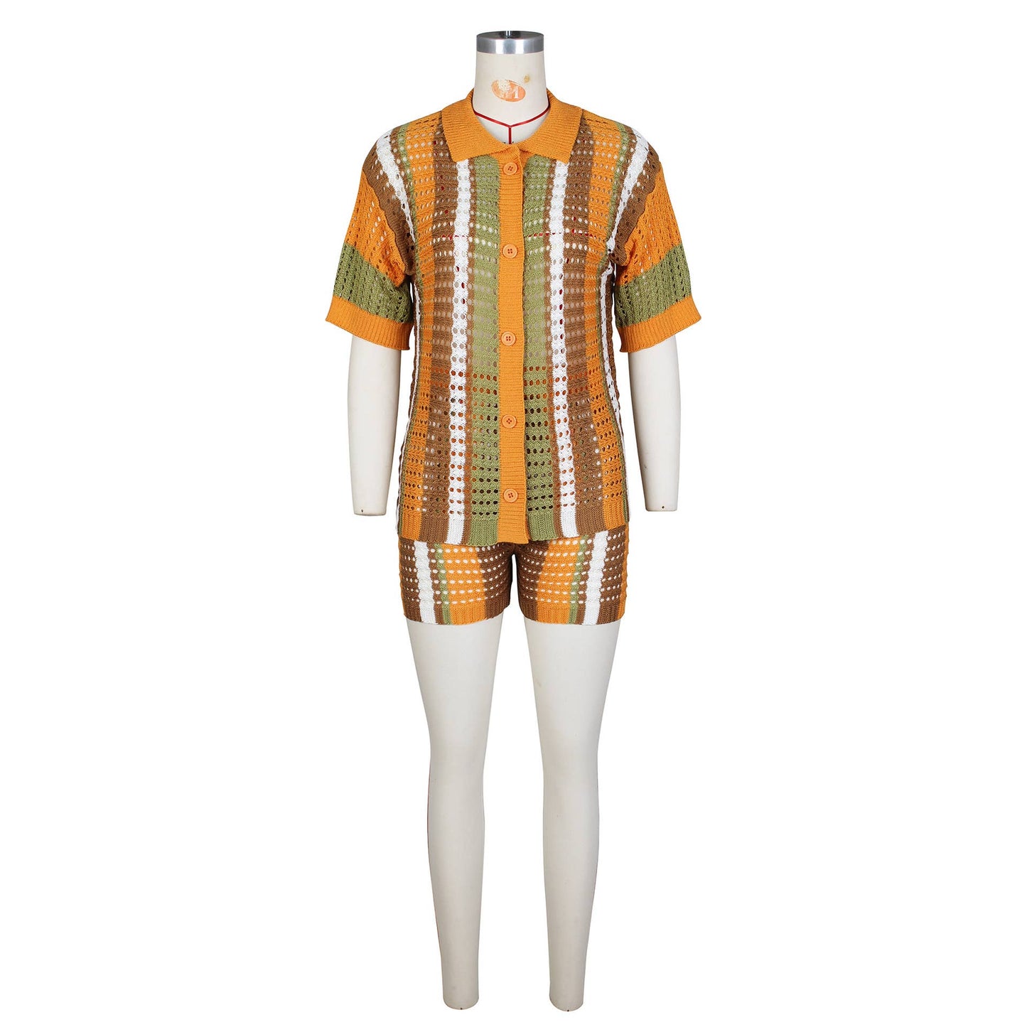 CUT-OUT SEE-THROUGH LAPEL KNIT SHORTS SET