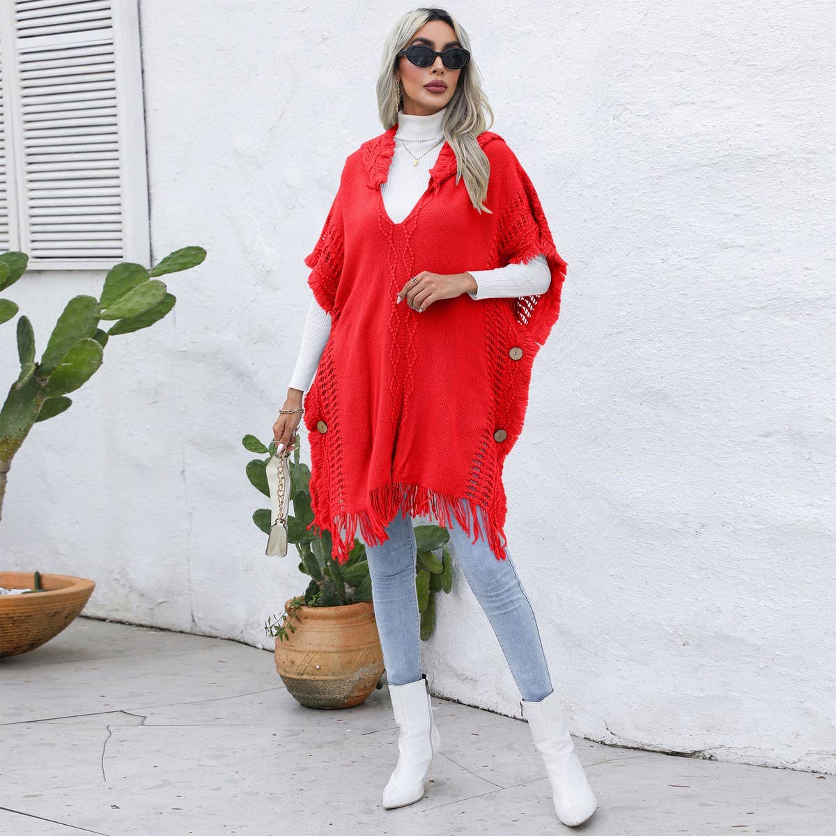 Casual loose V tie hat pullover cape coat
