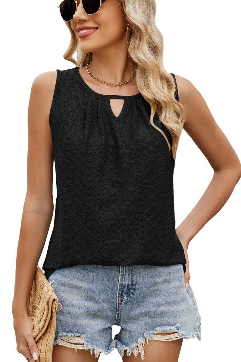 CWTTSL0316_SUMMER ROUND NECK HOLLOW PLEATED VEST T-SHIRT