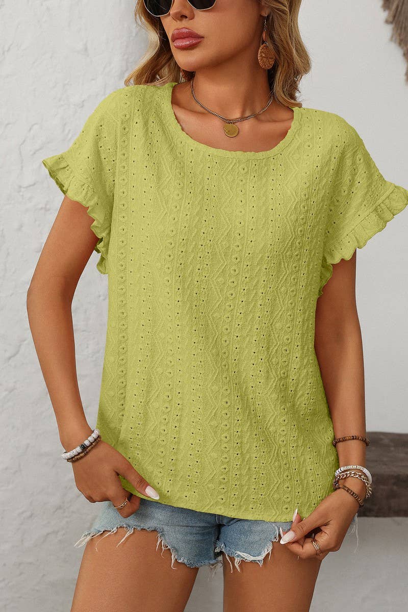 CWTBLS1710_SOLID COLOR ROUND NECK SHORT SLEEVE HOLLOW TOP
