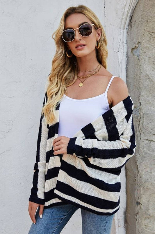CWOCAL0778_BATWING SLEEVE LOOSE STRIPED KNIT CARDIGAN
