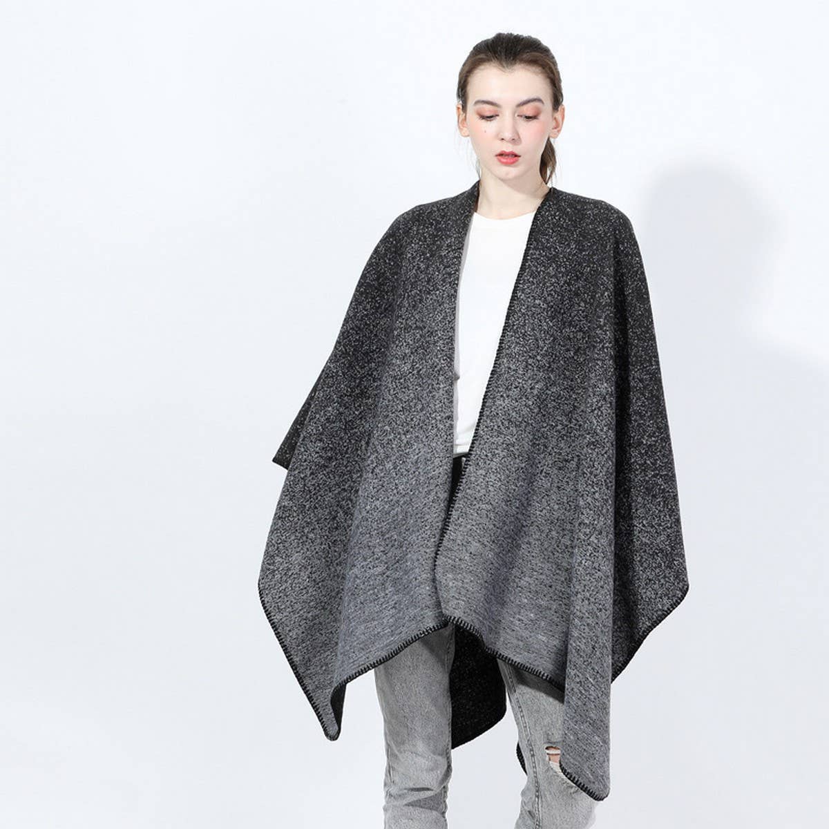 JACQUARD SLIT SHAWL WITH FAUX CASHMERE SCARF