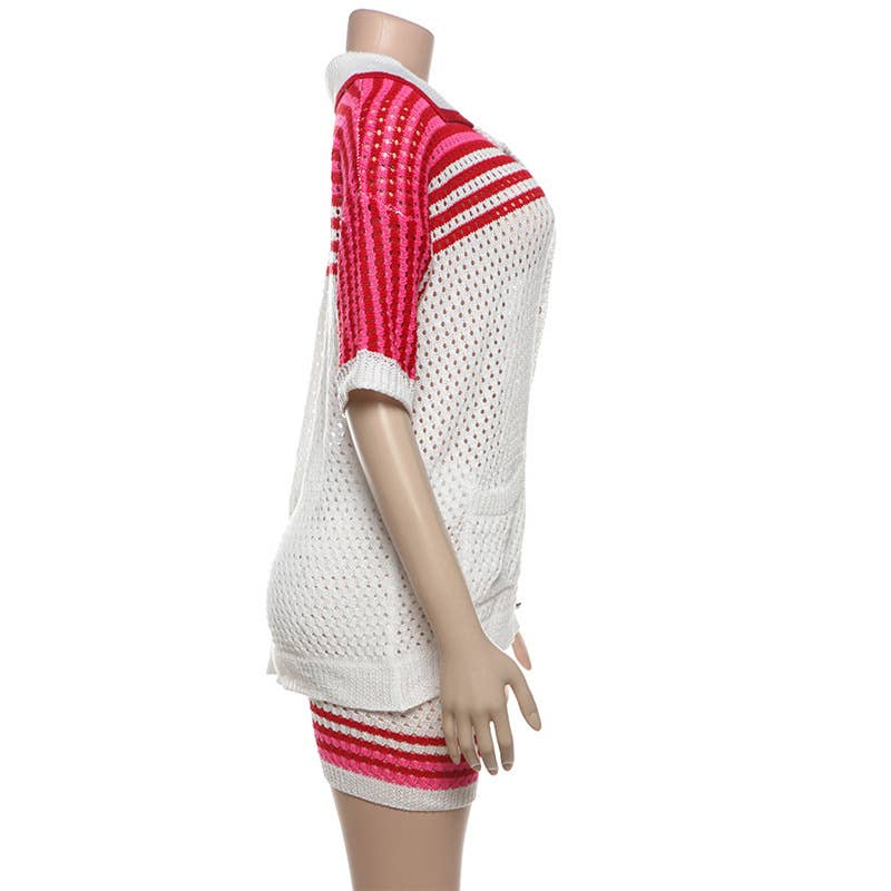 CUT-OUT LAPEL TOP HIGH-WAISTED SHORTS KNIT SUIT