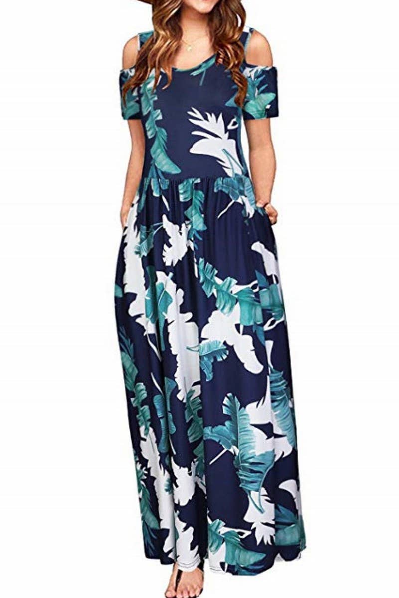 CWDMD2070_ROUND NECK FASHIONABLE SHORT SLEEVE LONG DRESS