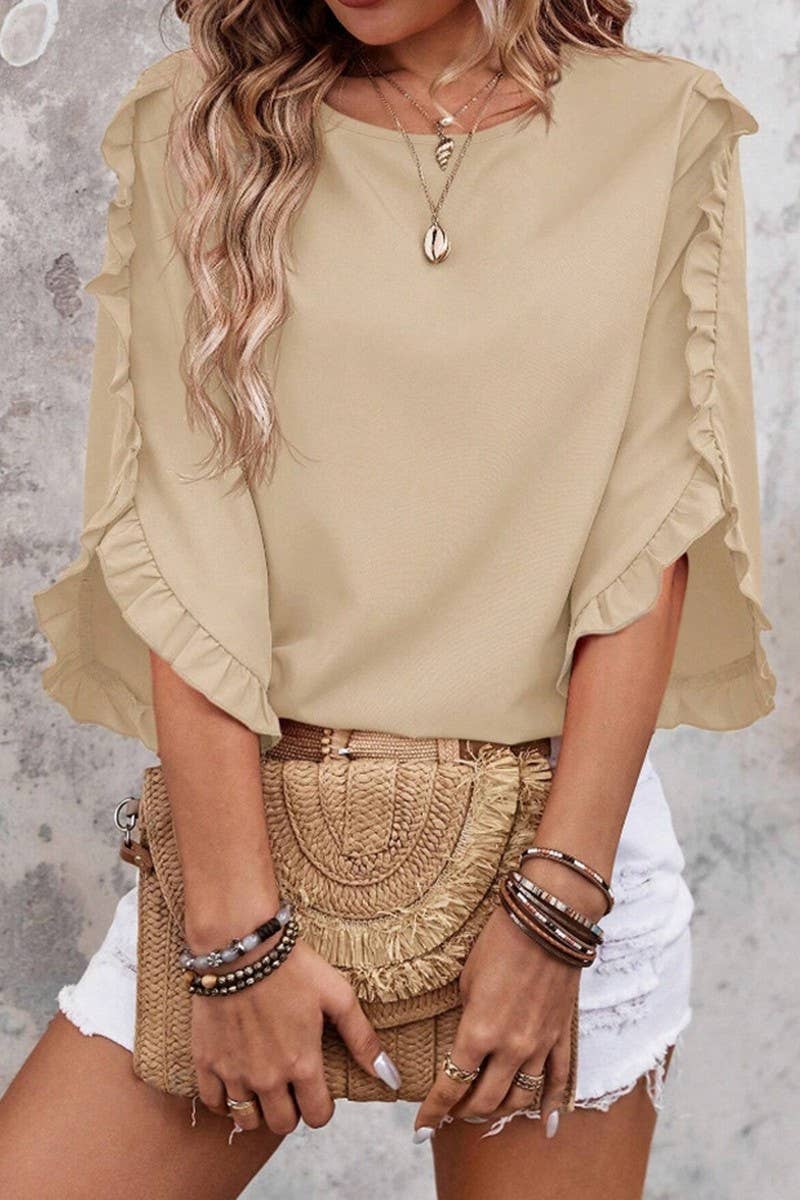 CWTBLS2263_LACE TRIM CREW NECK 3/4 SLEEVE ASYMMETRICAL TOP