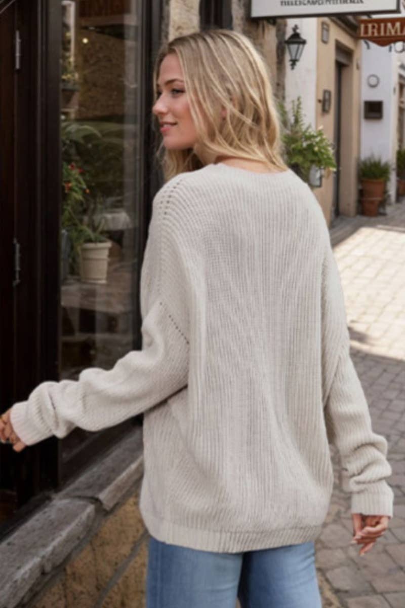 CWOSWL6737_SOLID COLOR KNITTED POCKET LONG-SLEEVED SWEATER