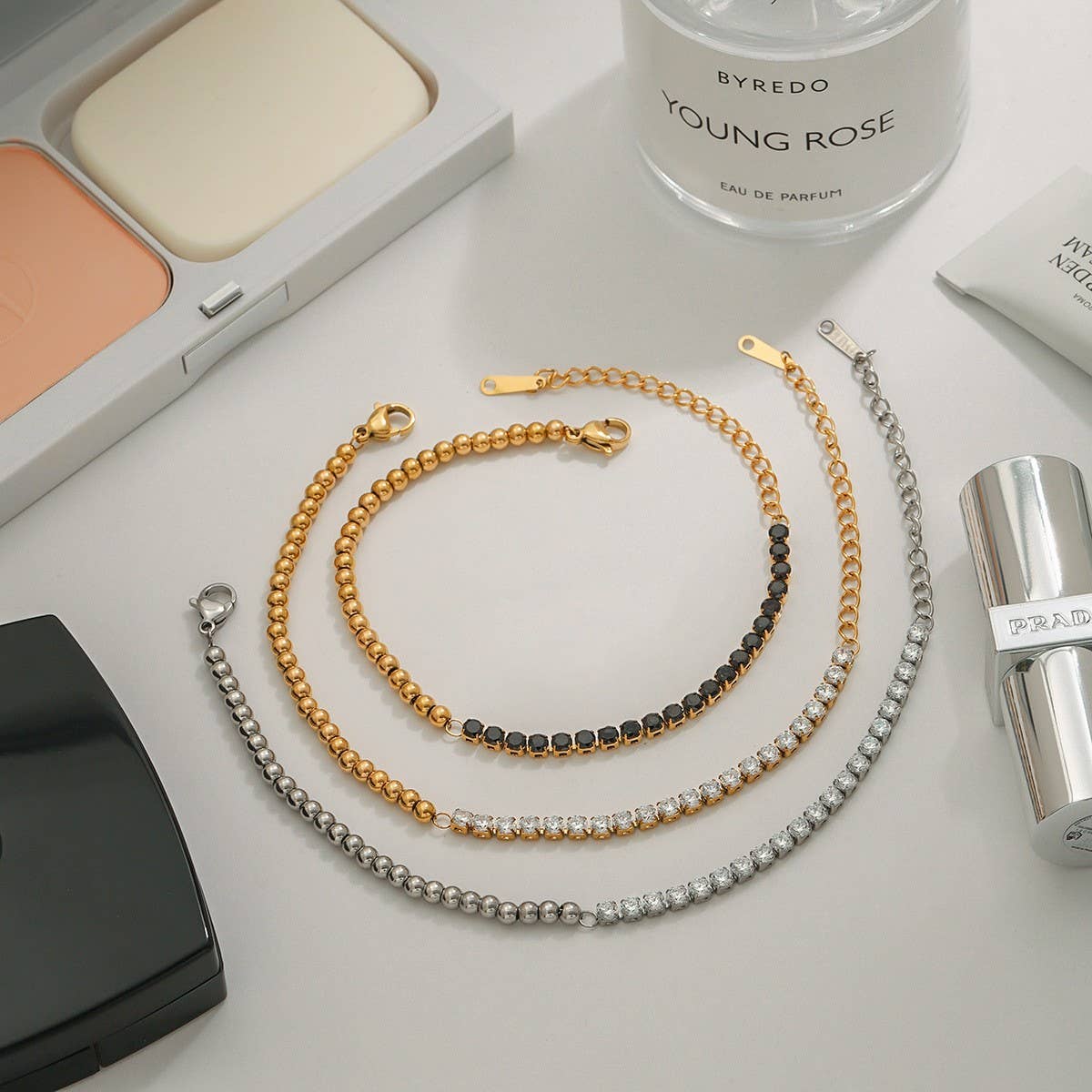 18K Gold White Zircon Tennis Bracelet, Steel_CWAJE4842