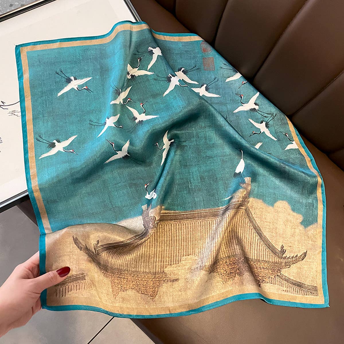 Crane Print 100% Silk Square Scarf 53cm for Women