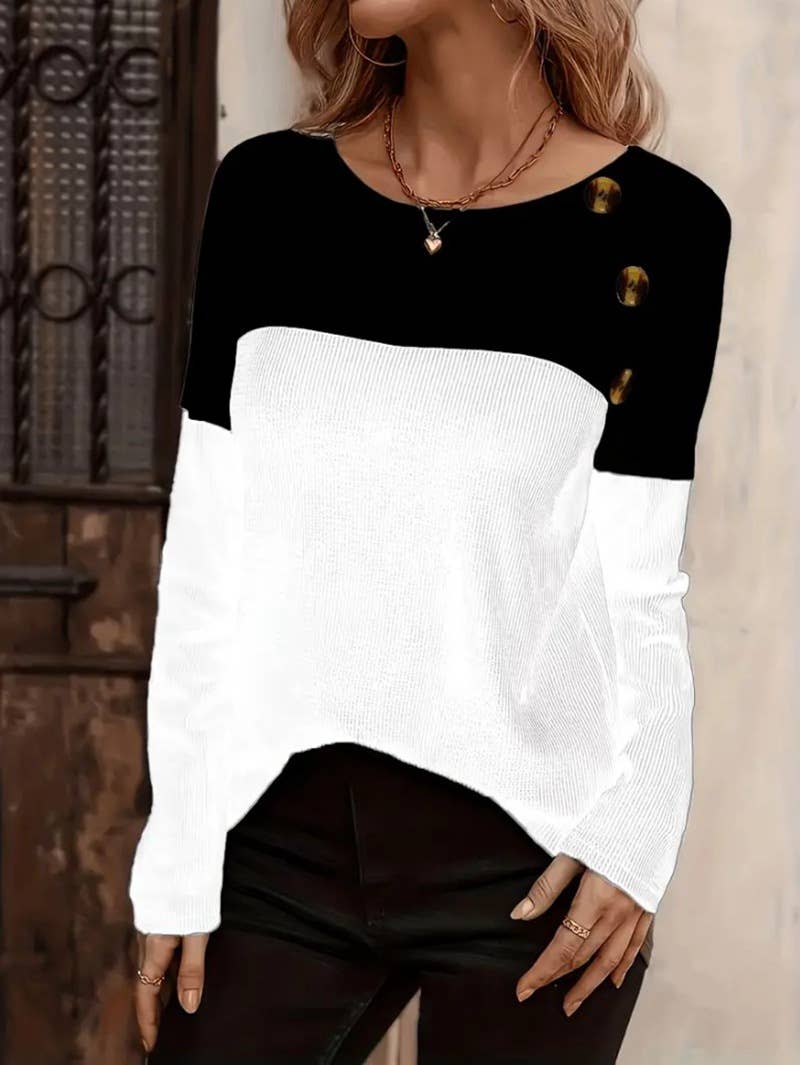 BUTTON EMBELLISHED COLOR PULLOVER SWEATER