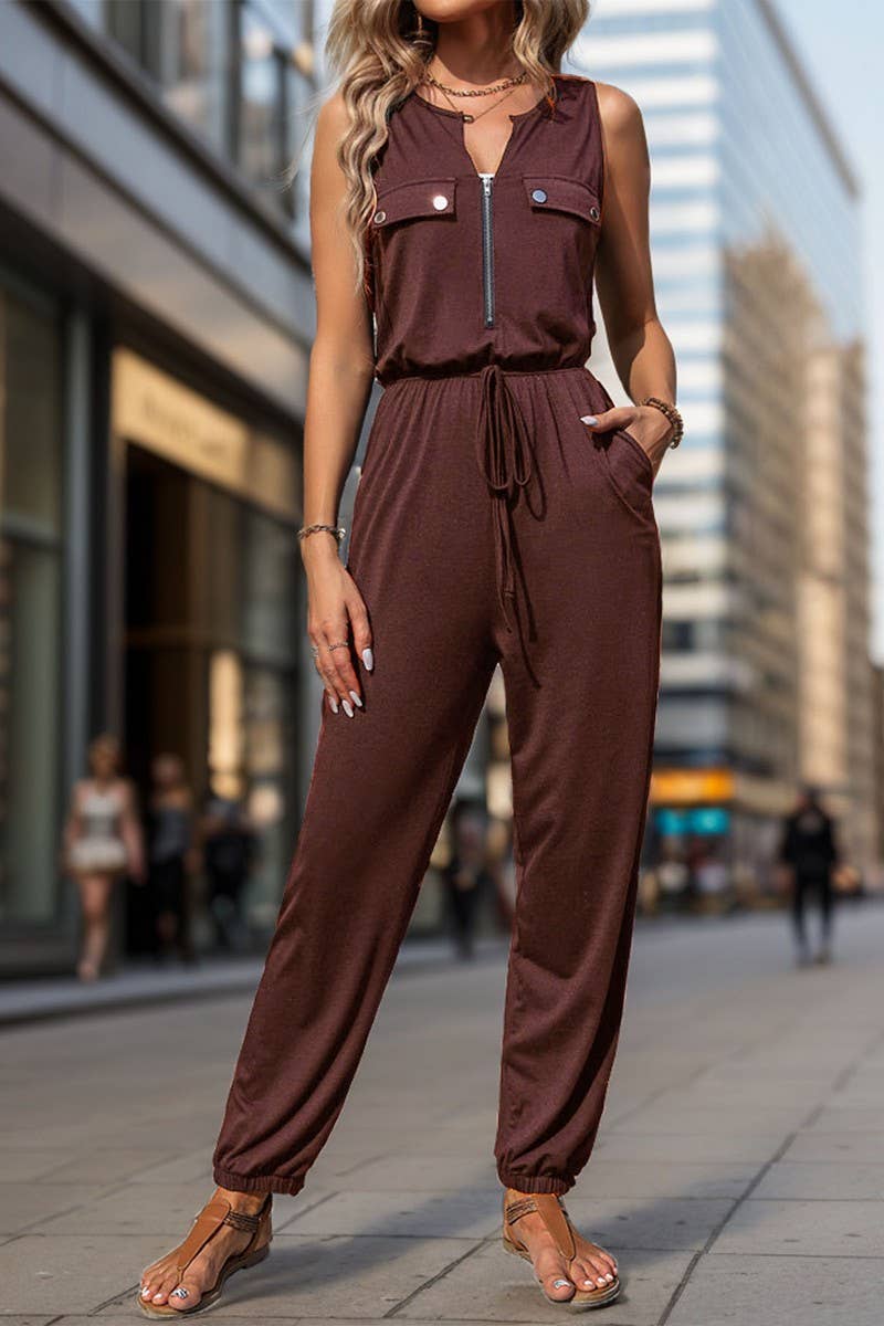 CWSJS1676_BLACK SLEEVELESS ZIPPER CREW NECK JUMPSUIT