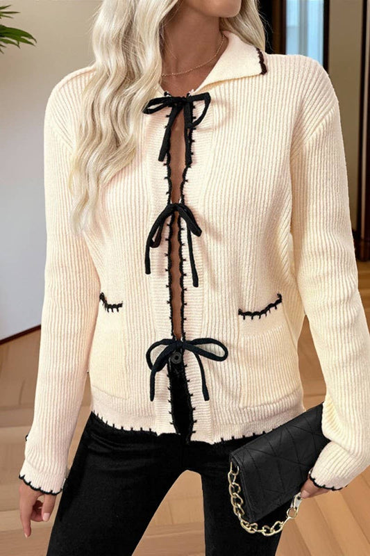 CWOCAL00583_CHIC BOW TIE CONTRAST TRIM CARDIGAN SWEATER