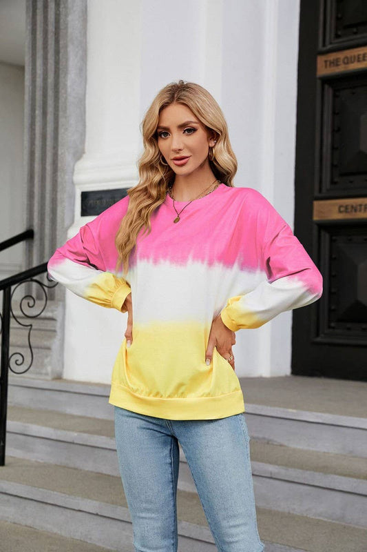 CWTBLL2414_TIE-DYE CONTRAST COLOR CREW NECK LONG SLEEVE TOP