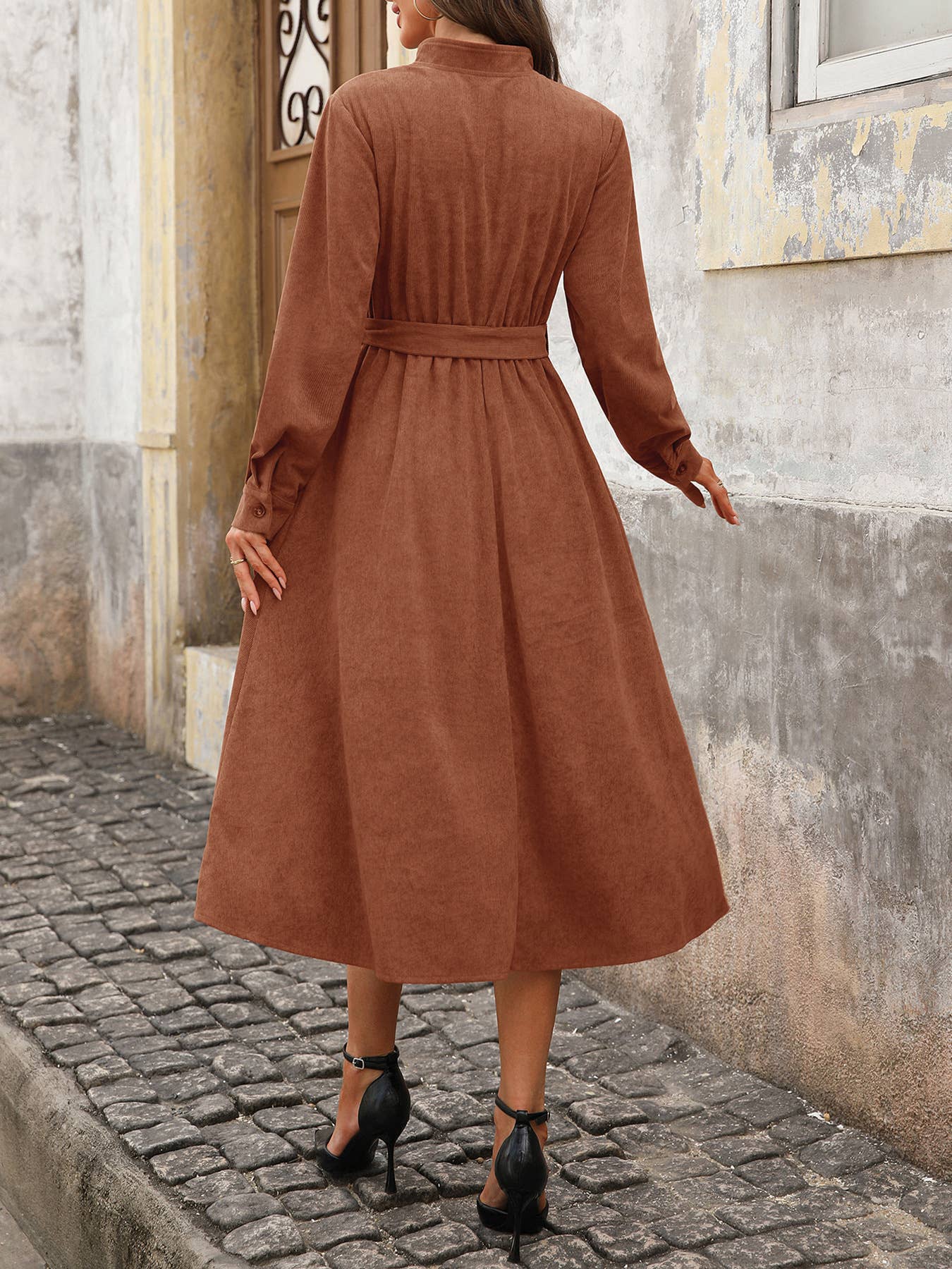 Classic brown corduroy V-neck dress