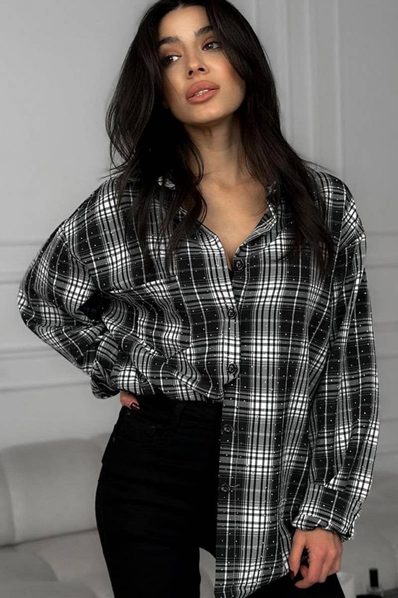 CWTBLL00573_PLAID HOT-STITCHED STAR-STUDDED LOOSE SHIRT
