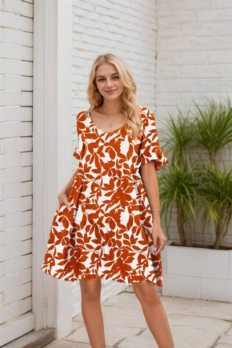 CWDSD8214_FLORAL RUFFLE SLEEVE TIERED MINI DRESS