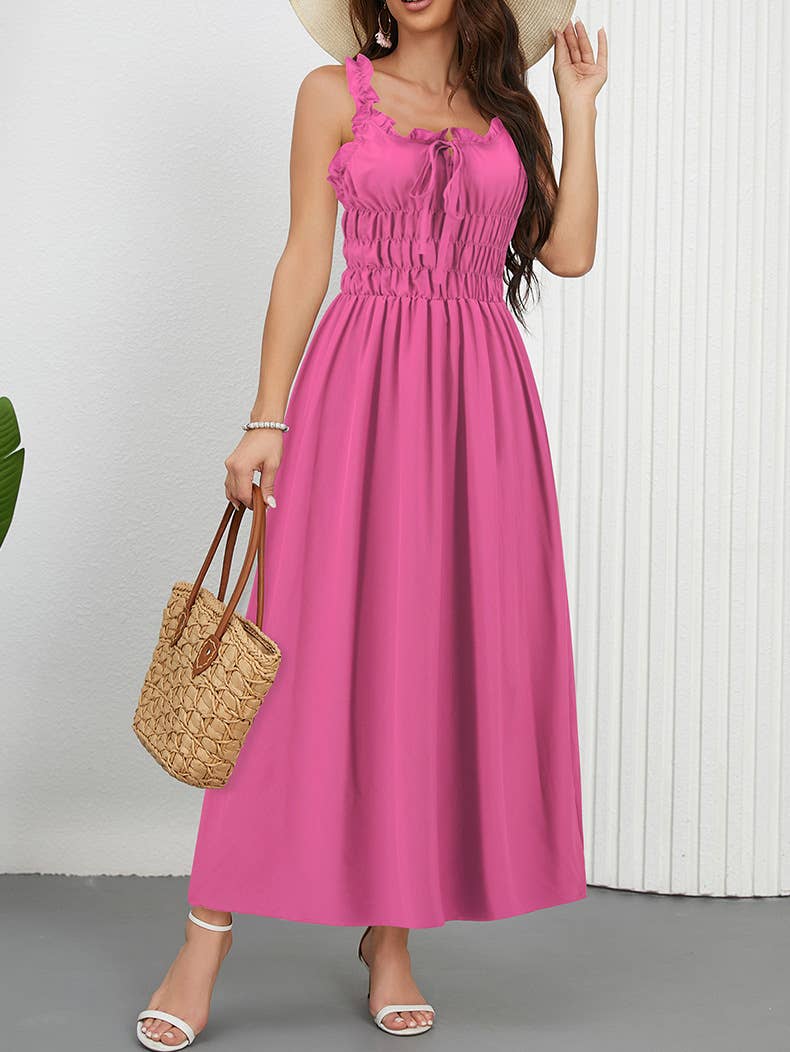 Casual Solid Color Waist-Tie Long Maxi Dress
