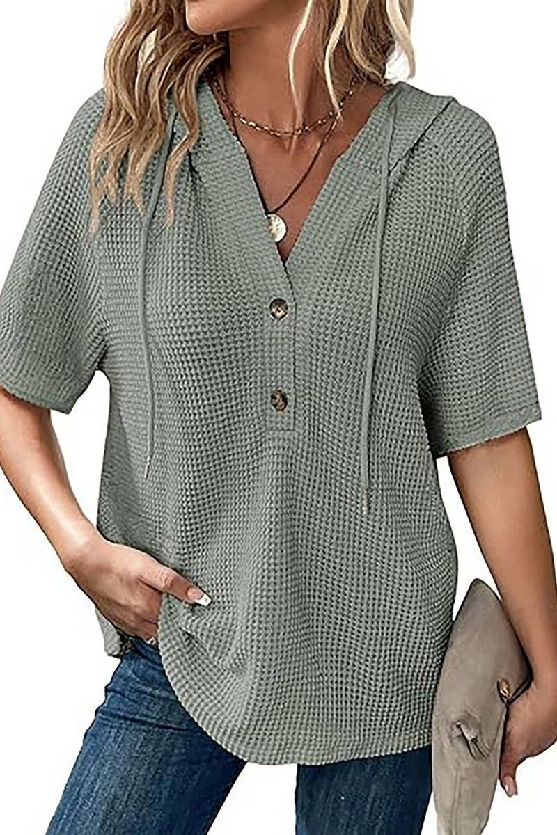 CWTBLS1773_WAFFLE DRAWSTRING HOODED SHORT-SLEEVED TOP