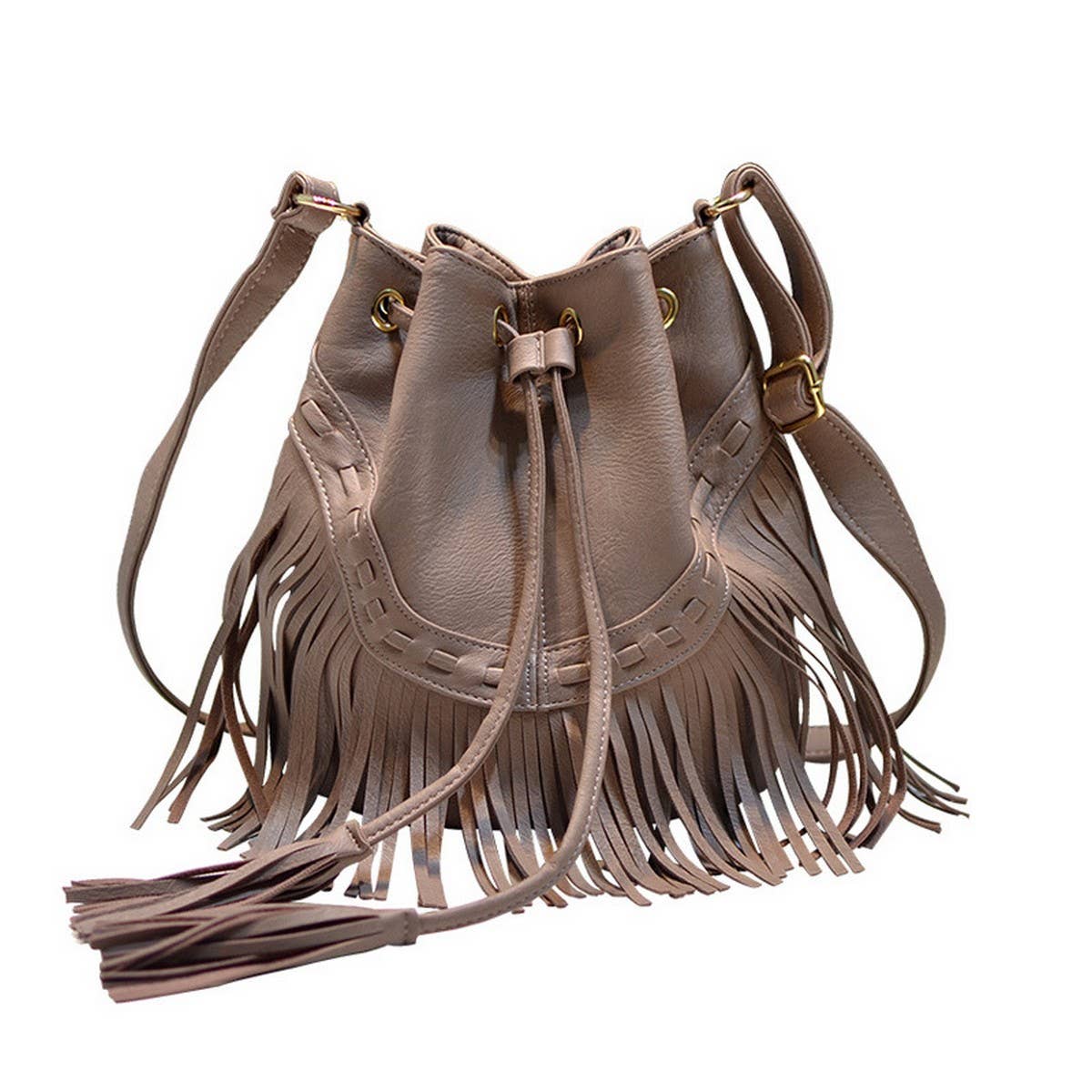 CWAB4539_DRAWSTRING HANDMADE TASSEL BUCKET SHOULDER BAG