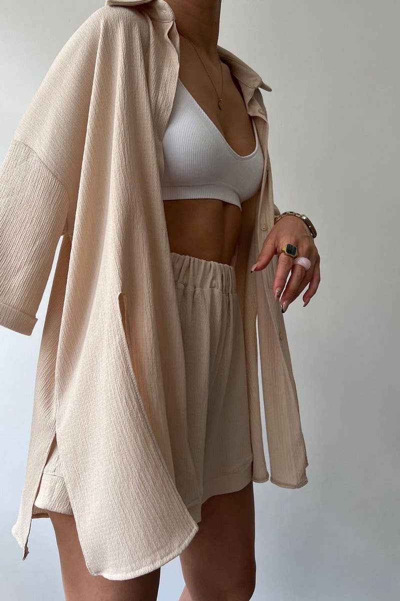 CWSTB1364_SOLID COLOR SLIT MID-SLEEVE SHIRT AND SHORTS SET