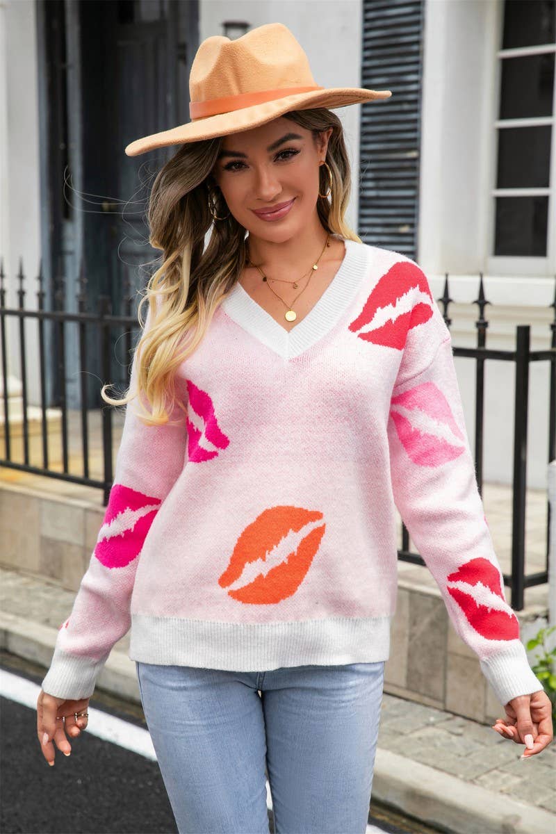 CWOSWL3165_LIPS PRINT VALENTINE'S DAY V-NECK KNIT SWEATER