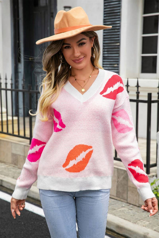 CWOSWL3165_LIPS PRINT VALENTINE'S DAY V-NECK KNIT SWEATER