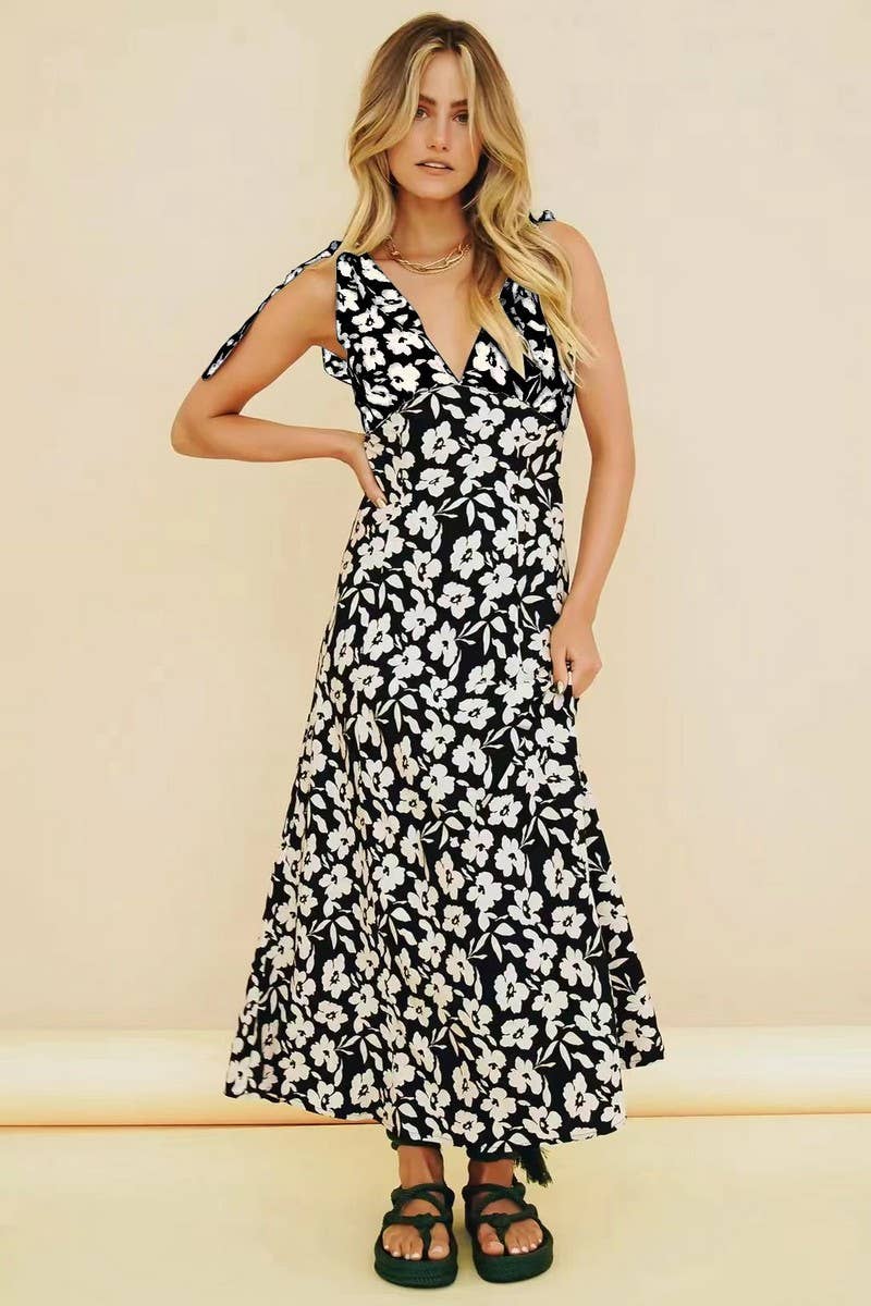 CWDMD5988_SUMMER V-NECK LACE-UP SEXY SWING DRESS