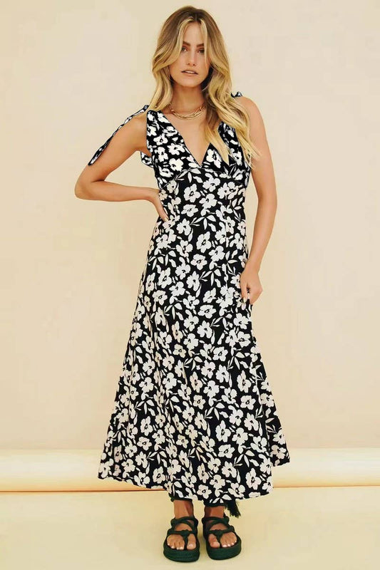 CWDMD5988_SUMMER V-NECK LACE-UP SEXY SWING DRESS