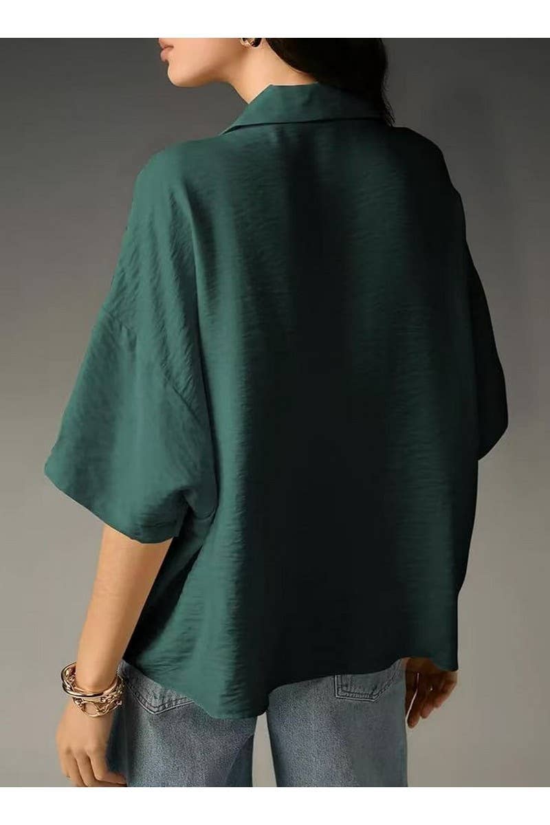 CWTBLS02500_2025SUMMER WOMEN POLO COLLAR SHORT SLEEVE BLOUSE