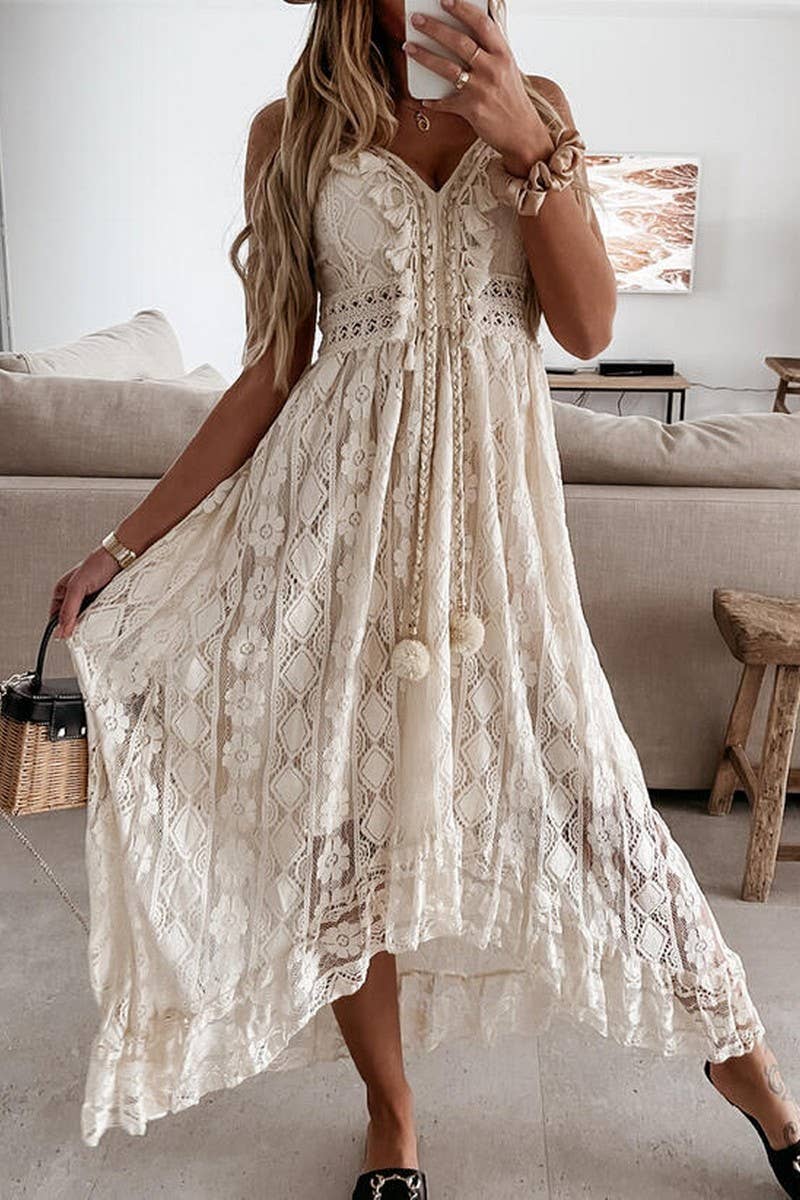 CWDHL0627_SOLID COLOR LACE SUSPENDER LONG SKIRT DRESS