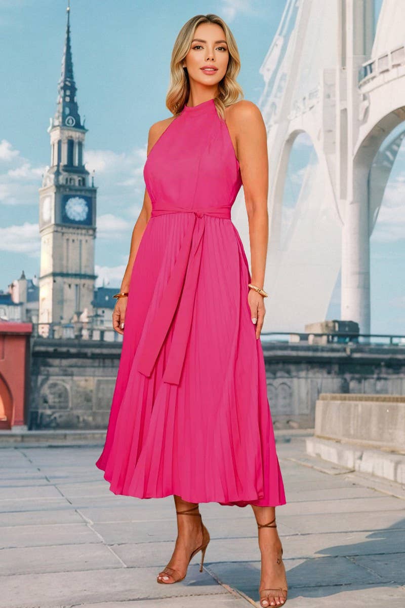 CWDMD6199_SLEEVELESS PLEATED HIGH NECK PARTY DRESS