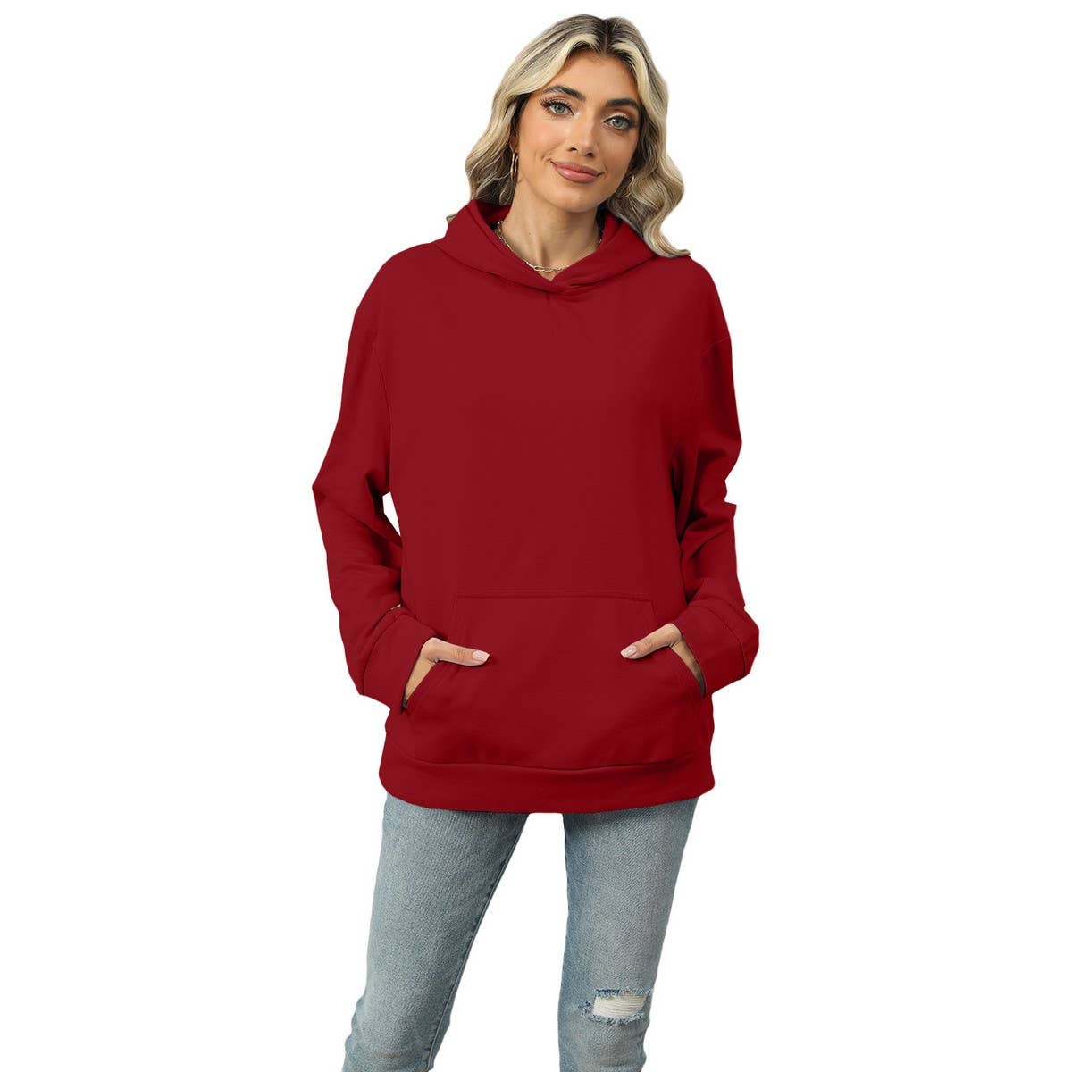 CASUAL HOODED POCKET HOODIE SOLID COLOR TOP