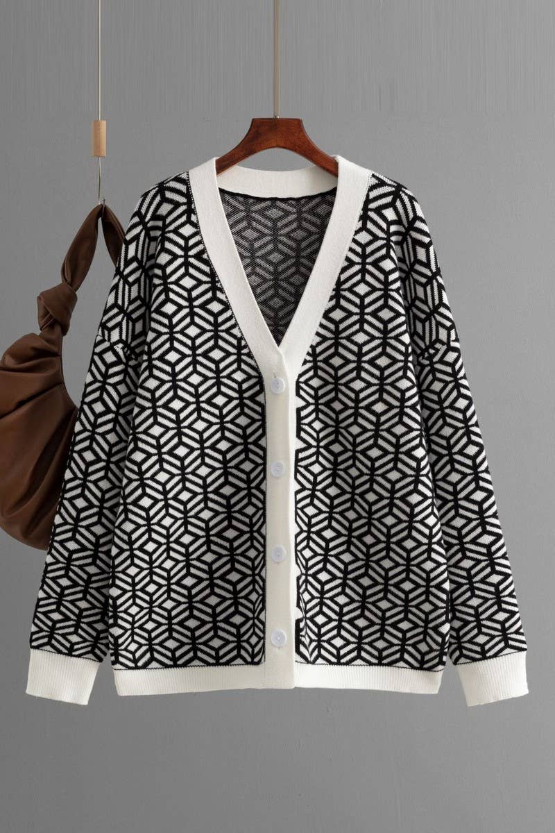 CWOCAL00674_V NECK HOUNDSTOOTH COLORBLOCK LONG CARDIGAN