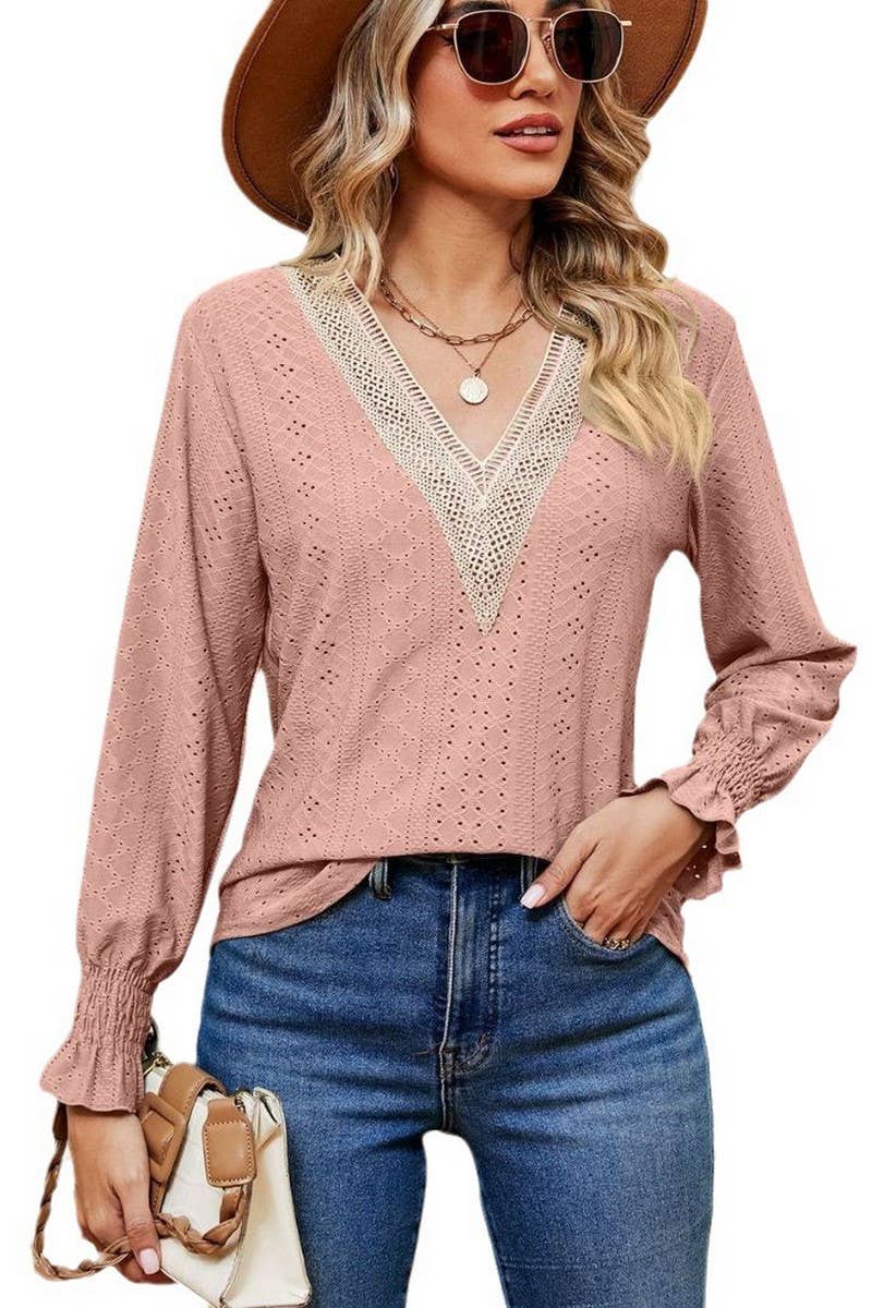 CWTBLL2389_V-NECK LACE STITCHING LONG-SLEEVED PULLOVER