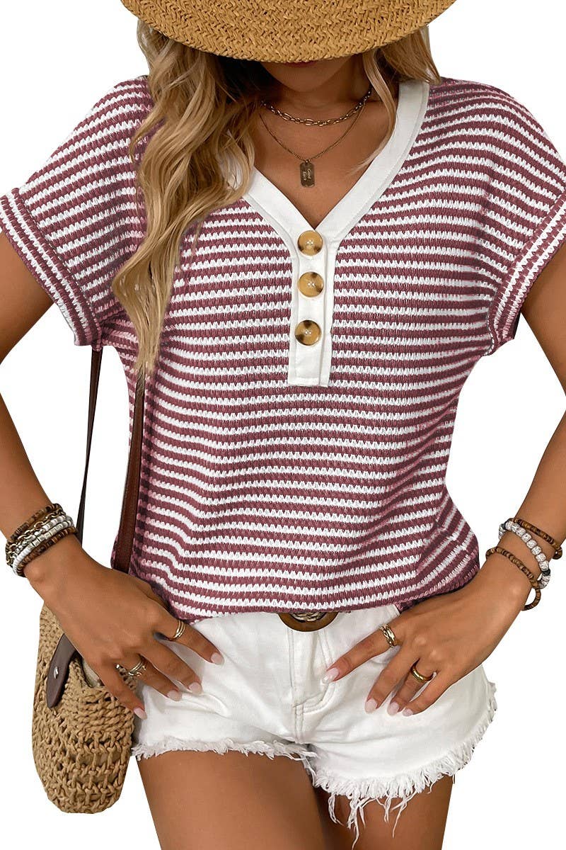 CWTTS1356_MER WOMEN'S KNITTED V-NECK SHORT SLEEVES